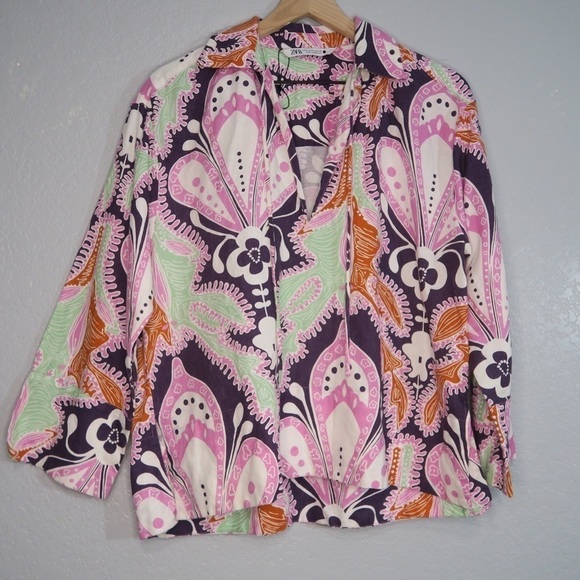 Zara Linen Paisley Top Long Sleeve Boho Cover Up Floral Retro Spring Pink - Picture 11 of 11